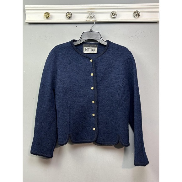 Vintage Portrait Sweater Womens Medium Gold Crest Buttons 80s Wool Pullover - Picture 1 of 11